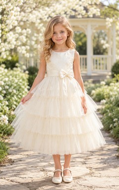Vestido de novia de niña de las flores, sin mangas, de corte A, largo hasta la rodilla, con volantes de tul y encaje, con lazo, ideal para bodas en el jardín.