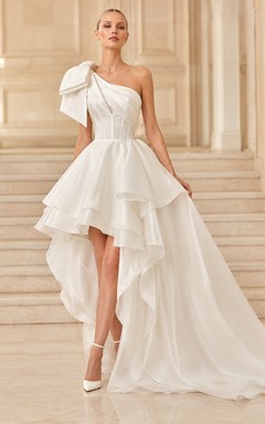 Statement Bow One Shoulder Taffeta High-Low Ball Gown Bridal Dress