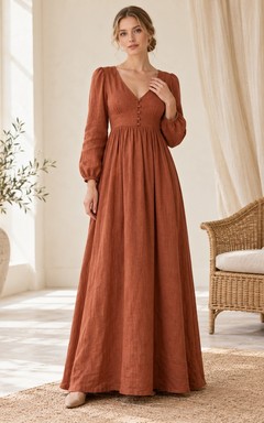 Robe décontractée orange style Régence, col en V, manches longues, coupe empire, longueur au sol