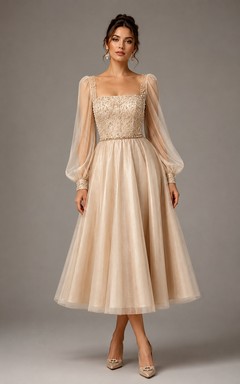 Robe champagne en tulle à col carré et manches bouffantes, longueur thé, coupe trapèze, col carré et manches bouffantes