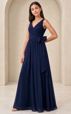 Dunkelblaues Brautjungfernkleid für junge Mädchen, A-Linie, V-Ausschnitt, ärmellos, Chiffon, Taillenschleife, elegant