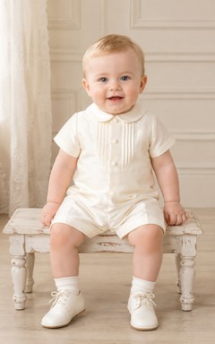 Ivory Pintuck Peter Collar Short Sleeve Christening Romper for Baby Boy