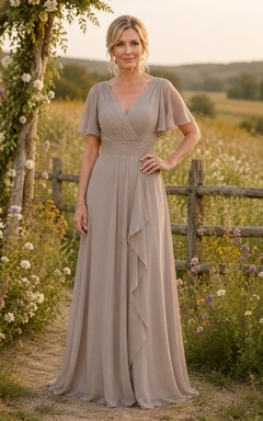 MOB-Kleid aus taupefarbenem Chiffon, A-Linie, kurze Ärmel, V-Ausschnitt, bodenlang, mit Rüschenbesatz