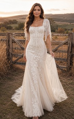 Robe de mariée champêtre en tulle et dentelle, coupe trapèze, décolleté cœur, sans manches, traîne, dos corset lacé
