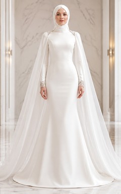 Modern Muslim Satin Sheath High Neck Cathedral Cape Wedding Dress