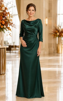 Dunkelgrünes Satin-Etui-Kleid mit Wasserfallausschnitt