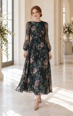 Vestido de invitada corto de corte A, largo hasta el suelo, color verde azulado con estampado floral, cuello alto y manga larga.