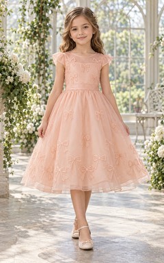 Tea-length Peach Bateau Cap Sleeve Bow Embroidered Organza Flower Girl Dress