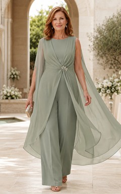 Salbeigrünes ärmelloses Chiffon-Cape-Hosenanzug-Set für die Mutter
