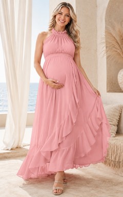 Pink Chiffon Halter Maternity Pleated A-line Floor-length Gown