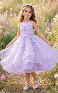 Blumenmädchenkleid Lavendel Spitze Tüll A-Linie Rundhalsausschnitt Teelänge