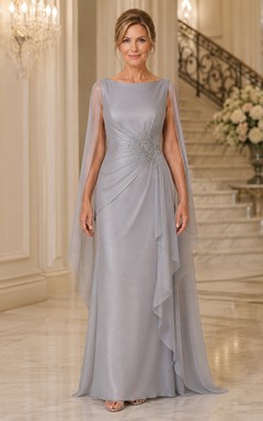 Mother of the Bride Silver Chiffon Sheath Cape Sleeve Bateau Neck Floor-Length Dress with Cape Sleeves