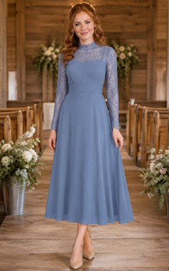 Robe midi à manches longues et empiècement en dentelle bleu poudré pour invitée religieuse
