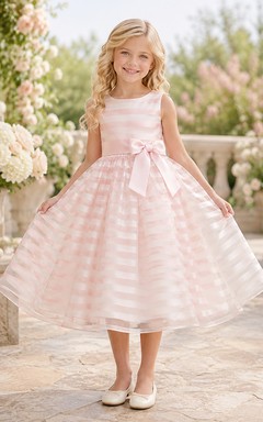 Pearl Pink Striped Organza A-Line Flower Girl Dress, Sleeveless Square Neck, Bow Sash, Tea-Length Garden