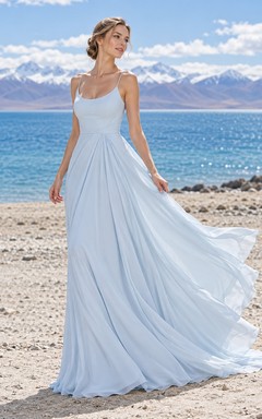 Sencillo vestido de novia azul cielo con tirantes finos y corte en A fruncido
