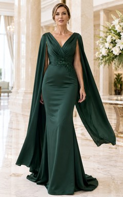 Dark Green V-Neck Sleeveless Beaded Satin Sheath Sweep Train Cape Mother Dress