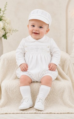 White Smocked Bib Long Sleeve Baby Blessing Bubble Romper for Baby Boy