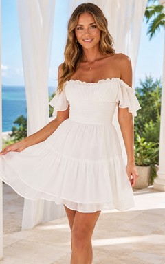 White Tiered Off-the-shoulder Short Sleeve A-Line Mini Casual Dress