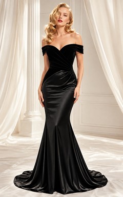 Black Satin Off-the-Shoulder Short-Sleeve Mermaid Sweep-Train Evening Dress