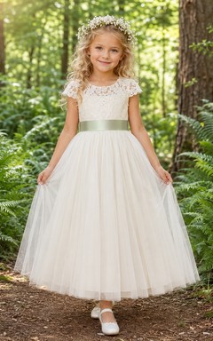 A-Line Flowergirl Lace Tulle Floor-Length Cap Sleeve Sash Forest Wedding Dress