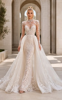 Robe de mariée intemporelle en dentelle et tulle illusion, col montant, manches longues transparentes, coupe trapèze, traîne chapelle, fente sur le devant, idéale pour une salle de bal.