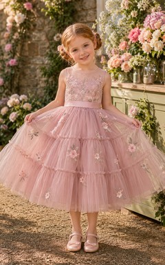 Flower Girl Dress A-Line Blush Floral Tiered Tulle Sleeveless Garden