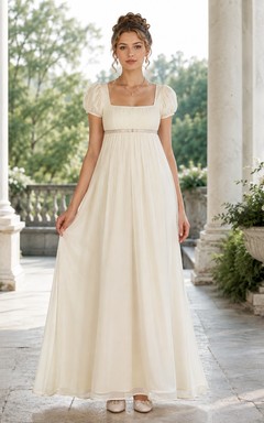 Cream Regency Square Neck Puff Sleeve Chiffon Empire Floor-length Formal Dress