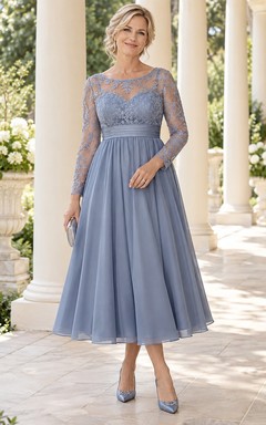 Staubblaues Mutter-der-Braut-Kleid im Empire-Stil, A-Linie, Teelänge, Chiffon, Spitzenärmel