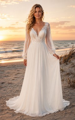 Fall Beach V-Neck Lace Sleeve A-Line Wedding Dress