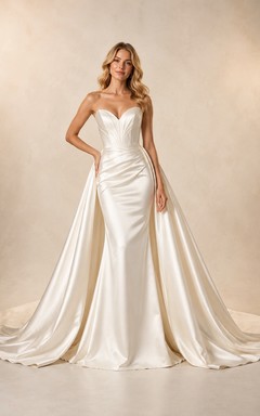 Trägerloses Brautkleid im Meerjungfrauenstil aus Satin mit drapiertem Überrock und Schleppe