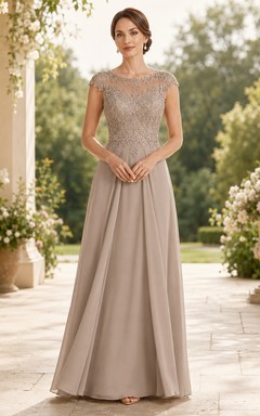 Taupe Lace Bodice Chiffon A-Line Mother Dress With Cap Sleeves