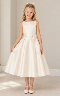 Robe de demoiselle d'honneur blanche en satin, coupe trapèze, sans manches, col rond et jupe mi-longue, ornée d'un nœud dans le dos et d'une jupe à volants.
