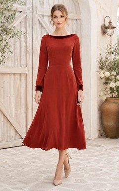 Burgundy Bateau Neck Long Sleeve Velvet Tea Guest Dress