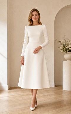Vestido de novia sencillo de satén con escote barco y manga larga, estilo británico, hasta la rodilla.
