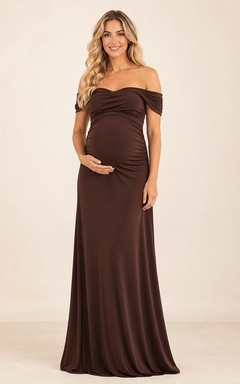 Robe de maternité chocolat à épaules dénudées, manches longues, froncée, en jersey, coupe sirène