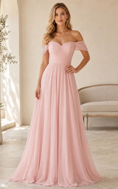 Off Shoulder Blushing Pink Chiffon A-line Floor Length Bridesmaid Dress