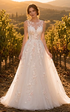 Champagnerfarbenes Brautkleid mit floralem Illusionsrücken und A-Linien-Design