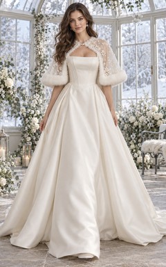 Square Neck Satin Wedding Fur Trim Cape Ball Gown
