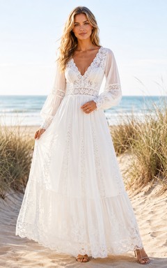 Robe de plage bohème romantique en dentelle, coupe trapèze, longue, col V, manches longues, col V, style bohème.
