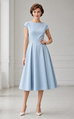 Powder Poise Sky Blue A-Line Tea-Length Bateau Short-Sleeve Satin Vintage Guest Dress