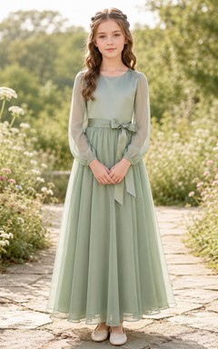 Flower Girl Dress A-Line Celadon Modest Long Sleeve Tulle Bow Garden
