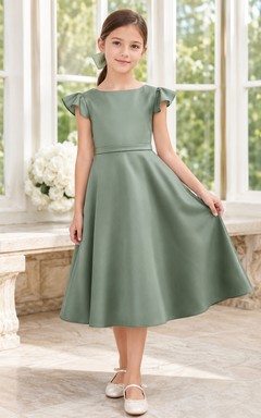 Modern A-Line Flower Girl Dress with Jewel Neck Petal Sleeves Sage Satin Garden Reception
