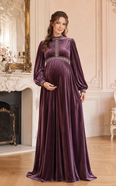 Vintage Plum High Neck Long Sleeve Empire Velvet Maternity Dress