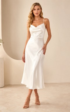 Bias Slip White Sheath Ankle-Length Cowl Sleeveless Satin Elegant Cocktail Dress