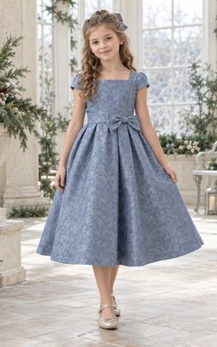 Dusty Blue Square Neck Brocade Cap Sleeve Bow Flower Girl Dress