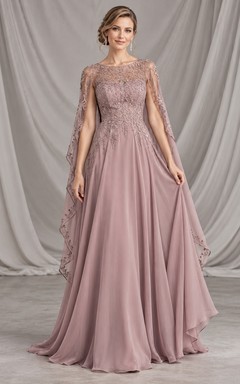 Vintage Mauve Illusion Lace Cape Back Flowing Formal Evening Gown