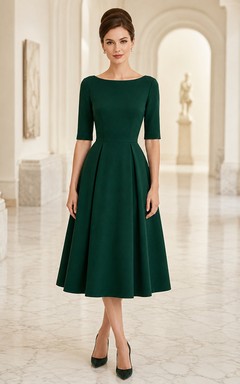 Vestido de cóctel de jersey de manga corta estilo barco vintage, corte en A, largo hasta la rodilla, color verde oscuro, modesto.