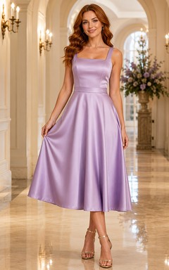 Lavender Square Neck Satin A Line Midi Guest Dress