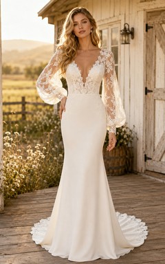 Vestido de novia de crepé con encaje estilo sirena, escote en V, manga larga y cola de capilla.
