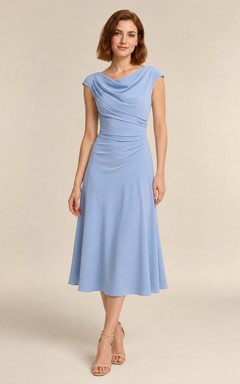 Sky Blue Draped Bodice Crepe Midi Occasion Dress